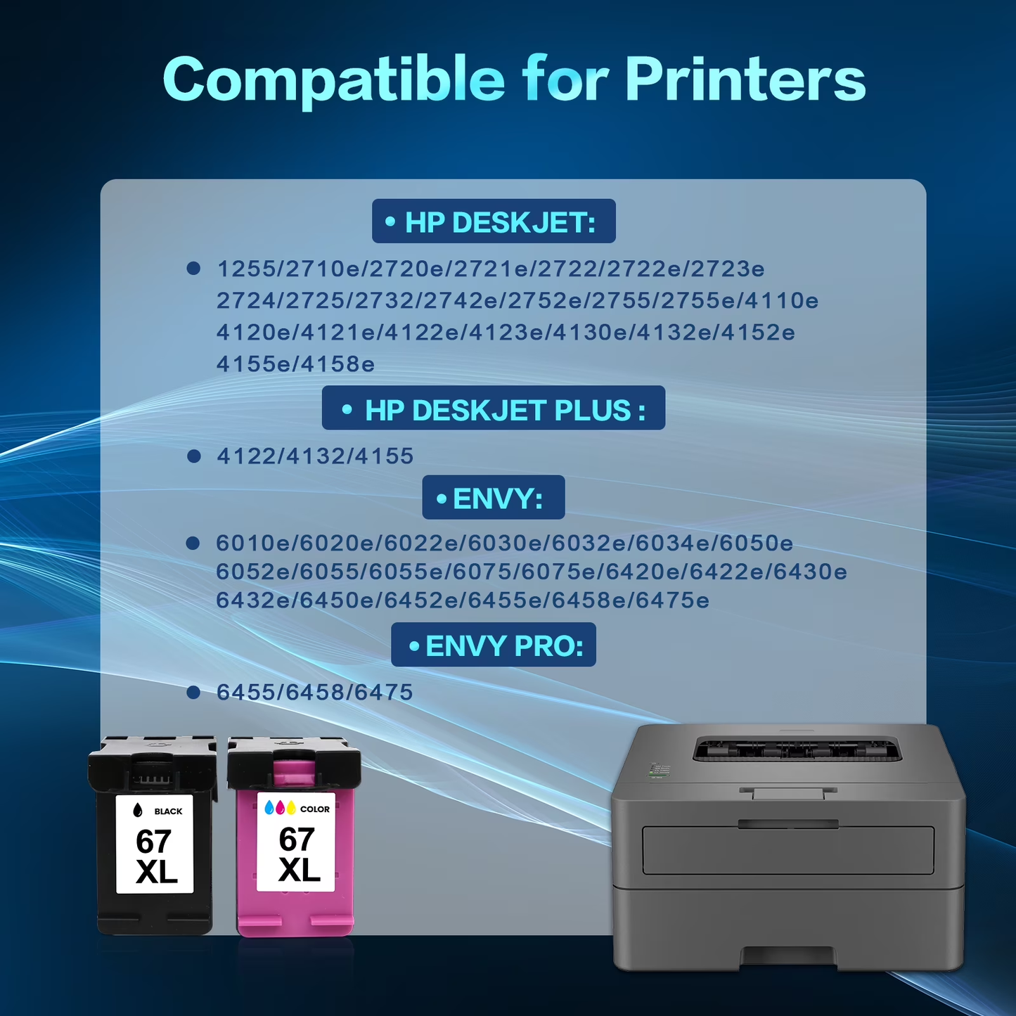 Compatible for HP 67XL Ink Cartridges 67 67XL Black and Color for 2755e 2755 4155 2722 2723 2724 2725 2732 Envy 6055 6455 6458 6475 Printer Ink (3 Pack, 2 x Black, Tri-color)