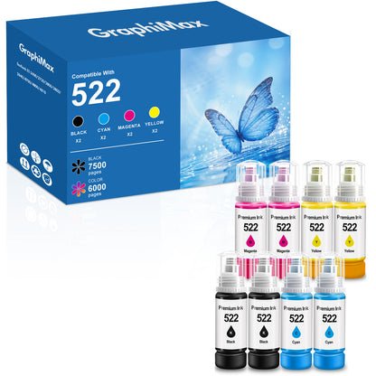 522 Ink  Bottles Compatible for Epson 522 Ink Refil Bottles for EcoTank Printers ET2800 ET2400 ET2720 ET2803 ET2840 ET4700 ET4800 ET4810 printer, 8-Pack