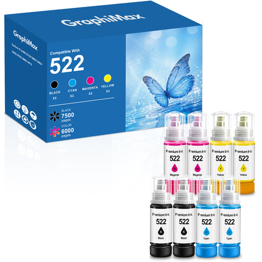 522 Ink  Bottles Compatible for Epson 522 Ink Refil Bottles for EcoTank Printers ET2800 ET2400 ET2720 ET2803 ET2840 ET4700 ET4800 ET4810 printer, 8-Pack