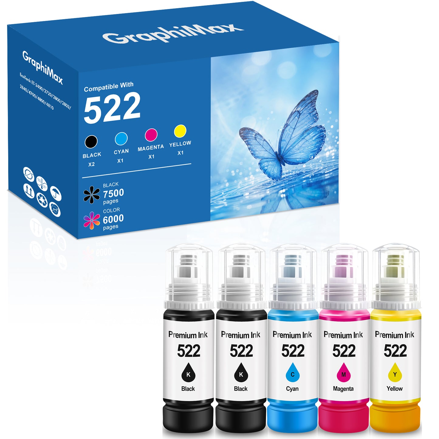 522 Ink  Bottles Compatible for Epson 522 Ink Refil Bottles for EcoTank Printers ET2800 ET2400 ET2720 ET2803 ET2840 ET4700 ET4800 ET4810 printer, 5-Pack