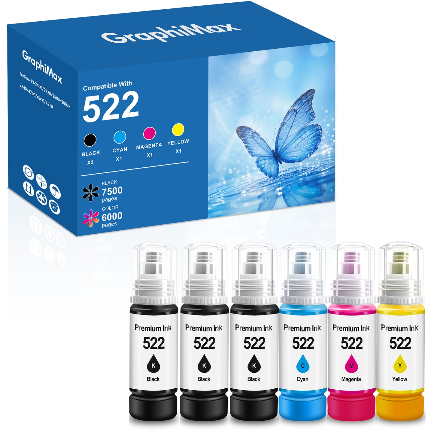 522 Ink  Bottles Compatible for Epson 522 Ink Refil Bottles for EcoTank Printers ET2800 ET2400 ET2720 ET2803 ET2840 ET4700 ET4800 ET4810 printer, 6-Pack