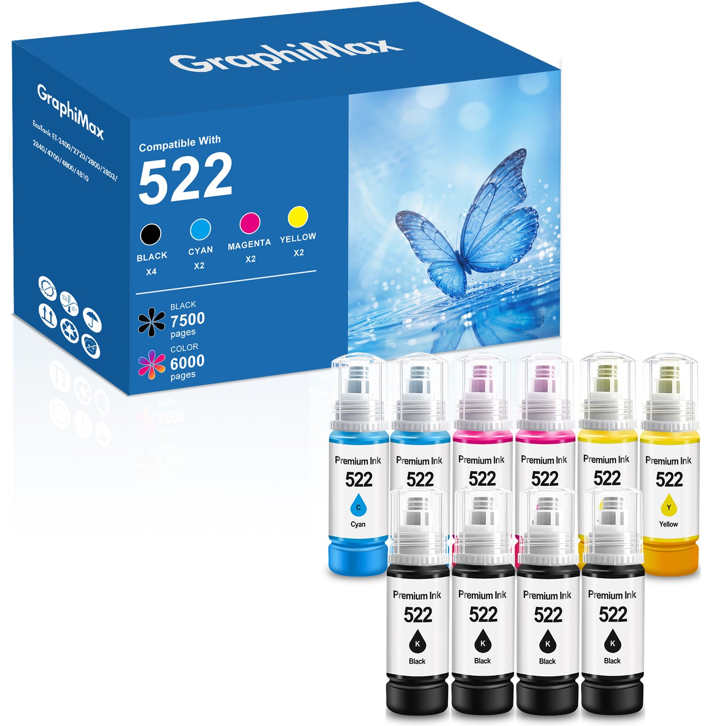 522 Ink  Bottles Compatible for Epson 522 Ink Refil Bottles for EcoTank Printers ET2800 ET2400 ET2720 ET2803 ET2840 ET4700 ET4800 ET4810 printer, 10-Pack