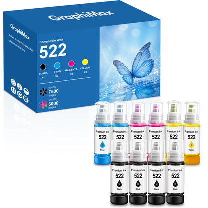 522 Ink  Bottles Compatible for Epson 522 Ink Refil Bottles for EcoTank Printers ET2800 ET2400 ET2720 ET2803 ET2840 ET4700 ET4800 ET4810 printer, 10-Pack