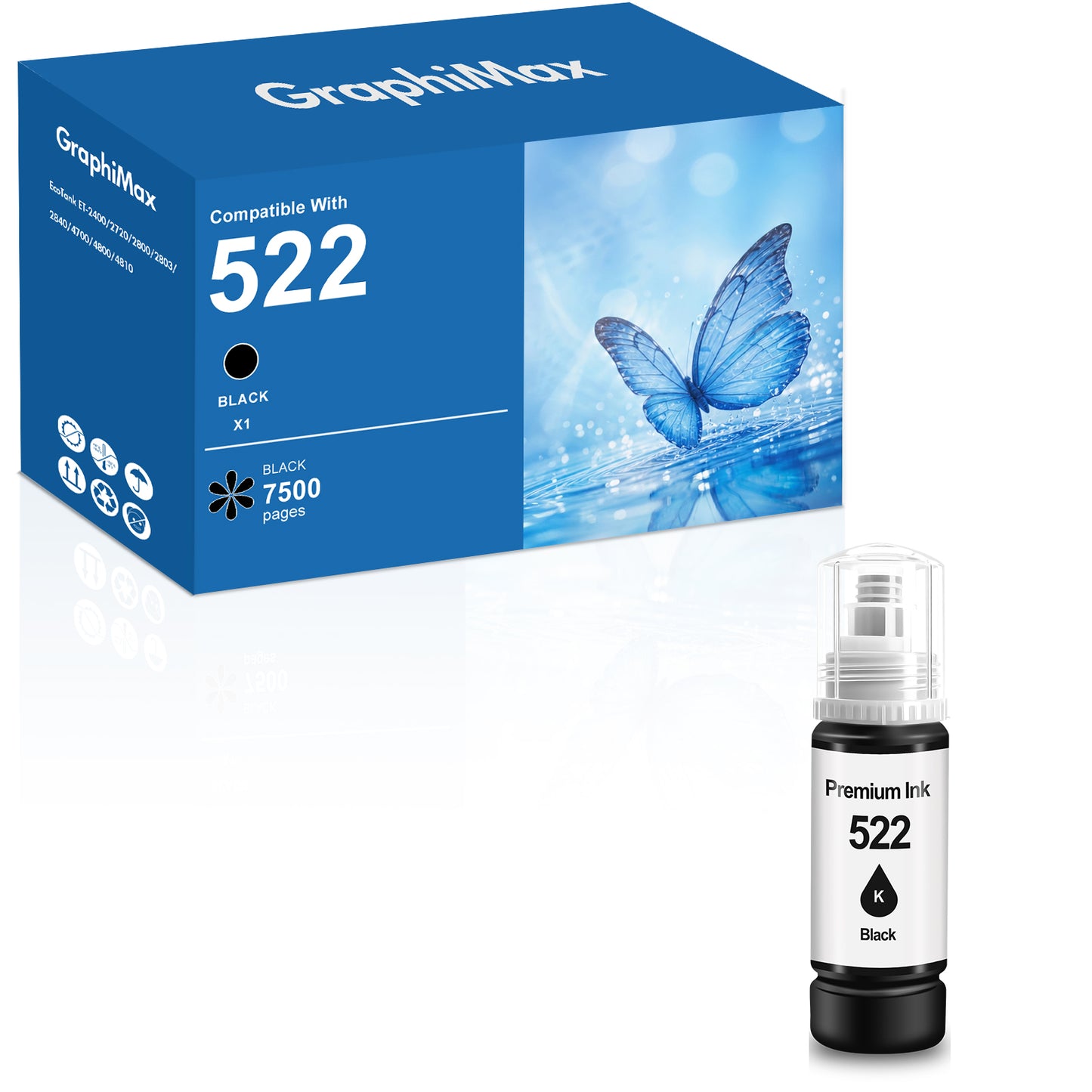 522 Ink  Bottles Compatible for Epson 522 Black Ink Refil Bottles for EcoTank Printers ET2800 ET2400 ET2720 ET2803 ET2840 ET4700 ET4800 ET4810 printer, 1 Black