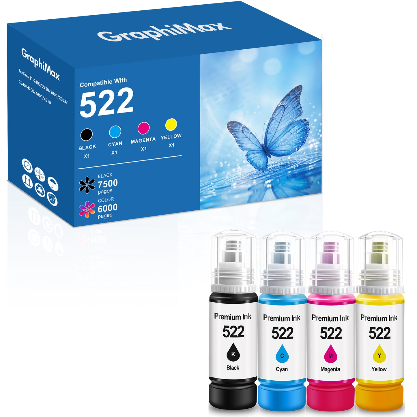 522 Ink  Bottles Compatible for Epson 522 Ink Refil Bottles for EcoTank Printers ET2800 ET2400 ET2720 ET2803 ET2840 ET4700 ET4800 ET4810 printer, 4-Pack