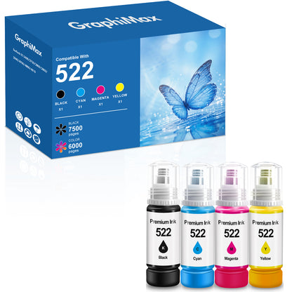 522 Ink  Bottles Compatible for Epson 522 Ink Refil Bottles for EcoTank Printers ET2800 ET2400 ET2720 ET2803 ET2840 ET4700 ET4800 ET4810 printer, 4-Pack