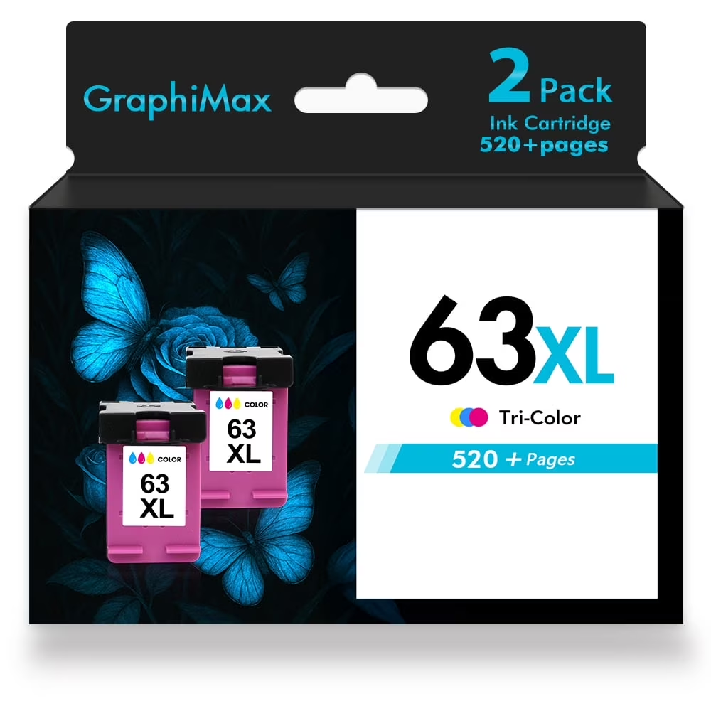 63XL Ink Cartridges Compatible for HP 63 63XL Color Ink for Envy 4510 4520 OfficeJet 4650 4655 3830 5255 5258 Deskjet 3630 3632 1112 2132 2130 HP63XL (2 Pack Tri-color)