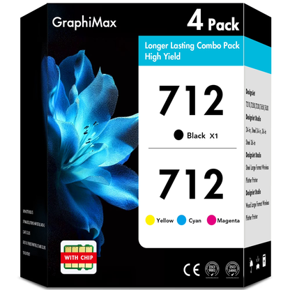 712XL 712 Ink Cartridges High Yield Compatible for HP 712XL 712 XL 712 for DesignJet T650 T630 T230 T210 Studio Plotter Printer (4 Pack, Black, Cyan, Yellow, Magenta)