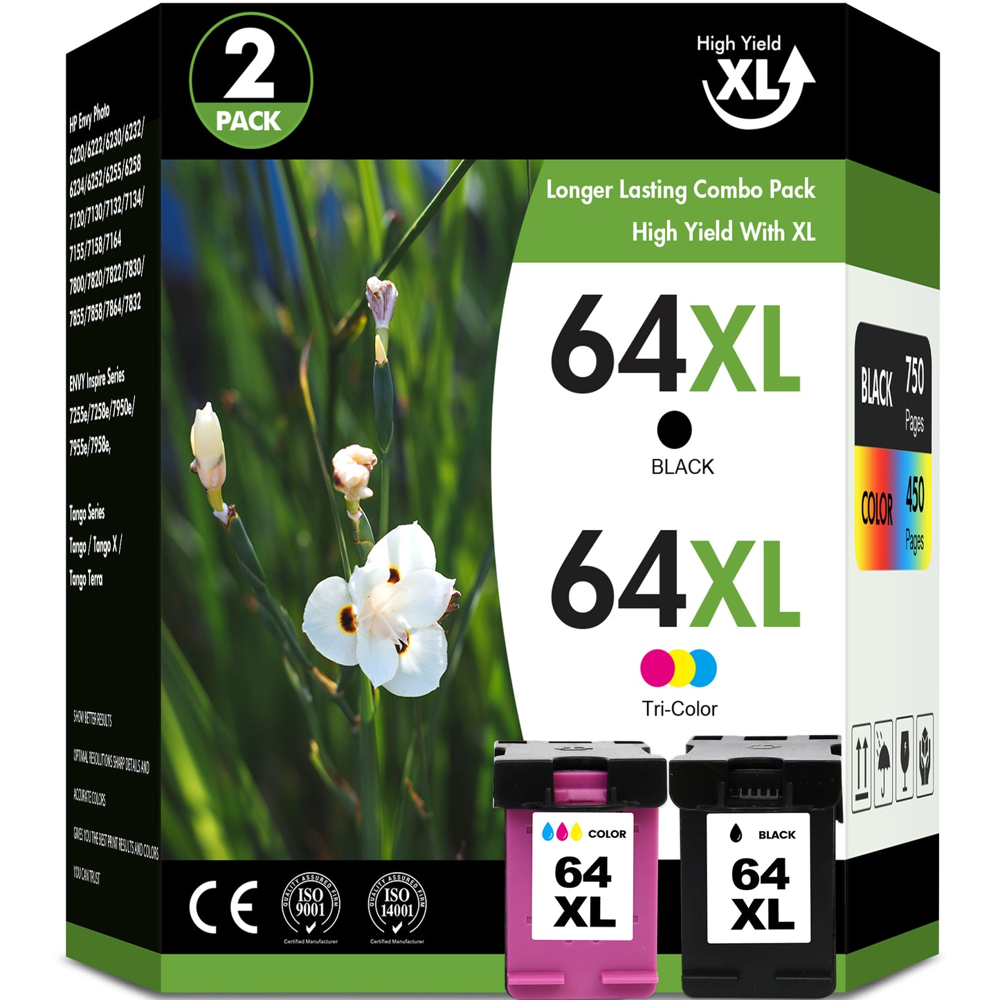 64XL Ink Cartridges Compatible for HP 64 64XL Black and Color for Envy Photo 7855 7858 7155 7120 7800 6255 6252 7158 7164 Printer (1 Pack Black, 1 Pack Tri-color)