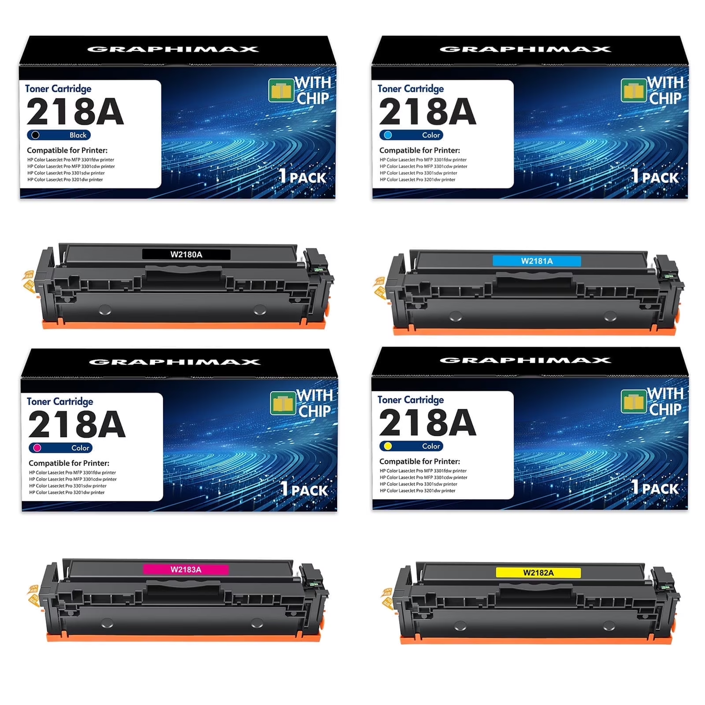 218A 218 Toner Cartridges With-Chip Compatible for HP 218A W2180A 218X W2180X 218 3301fdw Laserjet 3301fdw 3301cdw 3201dw 3301sdw 3301 3201 Series Printer Black Cyan Yellow Magenta, Pack-4