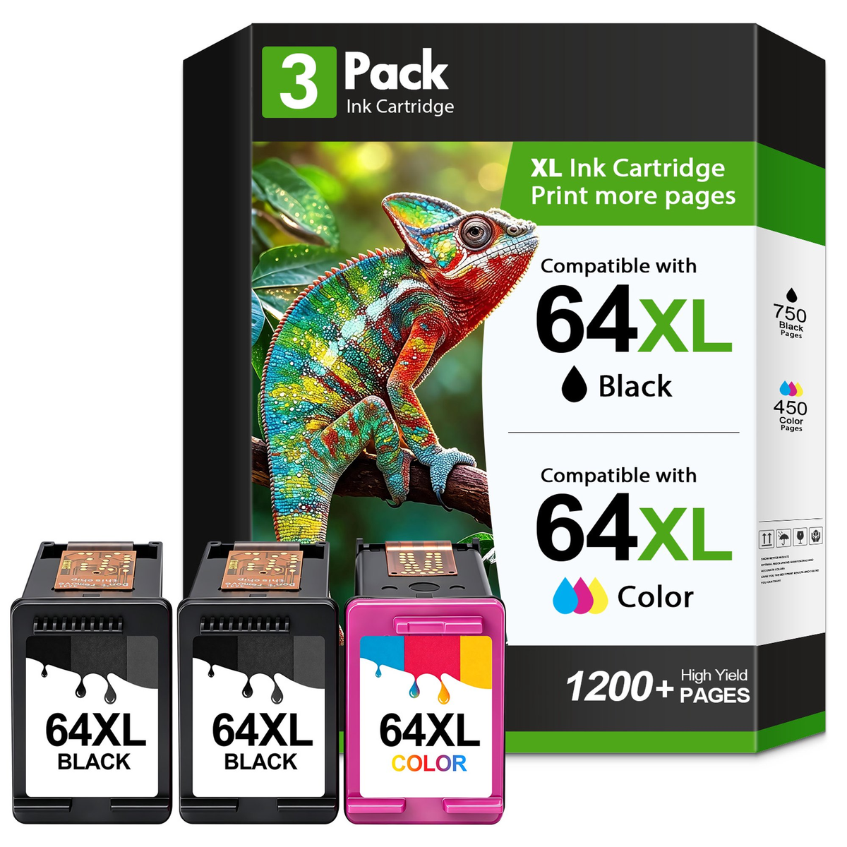 64XL Ink Cartridge Combo Pack Compatible for HP 64 64XL Black and Color Ink Cartridges for HP Envy Photo 7855 7858 7155 7120 7800 6255 6252 7158 7164 Printer £¨2 x Black 1 Tri?Color£©