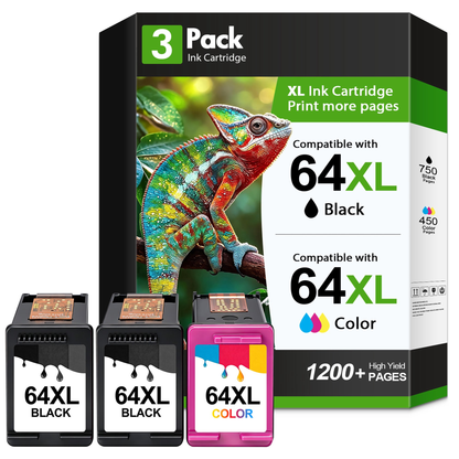 64XL Ink Cartridge Combo Pack Compatible for HP 64 64XL Black and Color Ink Cartridges for HP Envy Photo 7855 7858 7155 7120 7800 6255 6252 7158 7164 Printer £¨2 x Black 1 Tri?Color£©