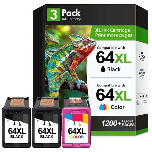 64XL Ink Cartridge Combo Pack Compatible for HP 64 64XL Black and Color Ink Cartridges for HP Envy Photo 7855 7858 7155 7120 7800 6255 6252 7158 7164 Printer £¨2 x Black 1 Tri?Color£©