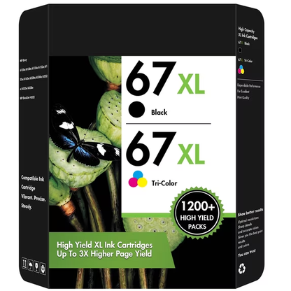 67XL Ink Cartridge Combo Pack Compatible for HP 67 XL Ink Works with DeskJet 2755 2755e 4155e Envy 6055 6455e 6055e Printers (Black, Tri-Color)