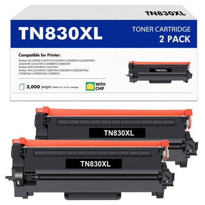 TN830 XL High Yield Toner Cartridge Black Compatible for Brother TN830XL TN830 TN 830XL HL-L2460DW HL-L2405W DCP-L2640DW MFC-L2820DW HL-L2400D L2405W L2480DW MFC-L2820DWXL Printer Ink 2-Pack