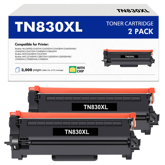 TN830 XL High Yield Toner Cartridge Black Compatible for Brother TN830XL TN830 TN 830XL HL-L2460DW HL-L2405W DCP-L2640DW MFC-L2820DW HL-L2400D L2405W L2480DW MFC-L2820DWXL Printer Ink 2-Pack