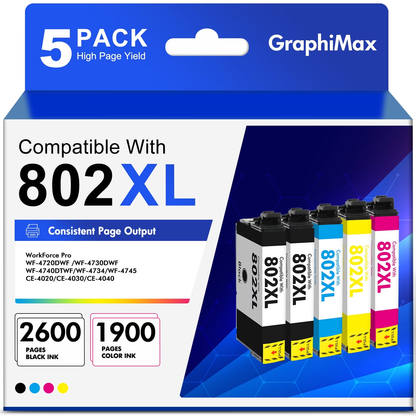 802 XL Ink Cartridge Compatible for Epson ink 802 Ink Cartridge for Epson 802XL Ink Cartridge for Workforce Pro WF-4730 WF-4720 WF-4734 Printer (5 Pack)