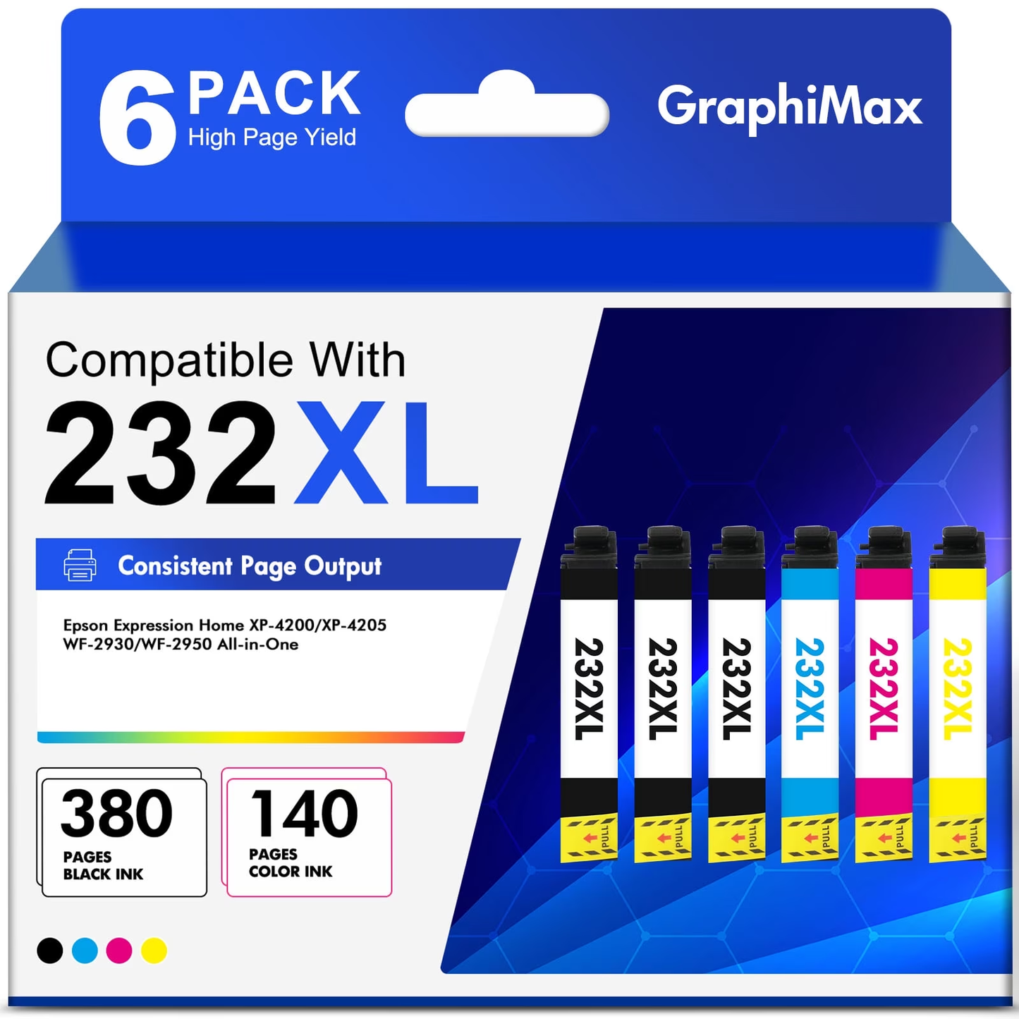 232XL Ink Cartridge Replacement for Epson Expression Home XP-4200 XP-4205 WorkForce WF-2930 WF-2950 Printer (6-Pack, 3 Black, 1 Cyan, 1 Magenta, 1 Yellow)