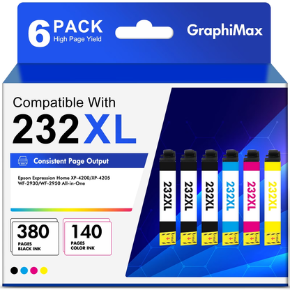 232XL Ink Cartridge Replacement for Epson Expression Home XP-4200 XP-4205 WorkForce WF-2930 WF-2950 Printer (6-Pack, 3 Black, 1 Cyan, 1 Magenta, 1 Yellow)