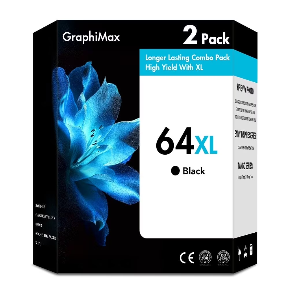 64 64XL Ink Cartridges Compatible for 64XL 64 HP64 2 Pack Black Ink for Envy Photo 7855 7858 7155 7120 7800 6255 6252 7158 7164