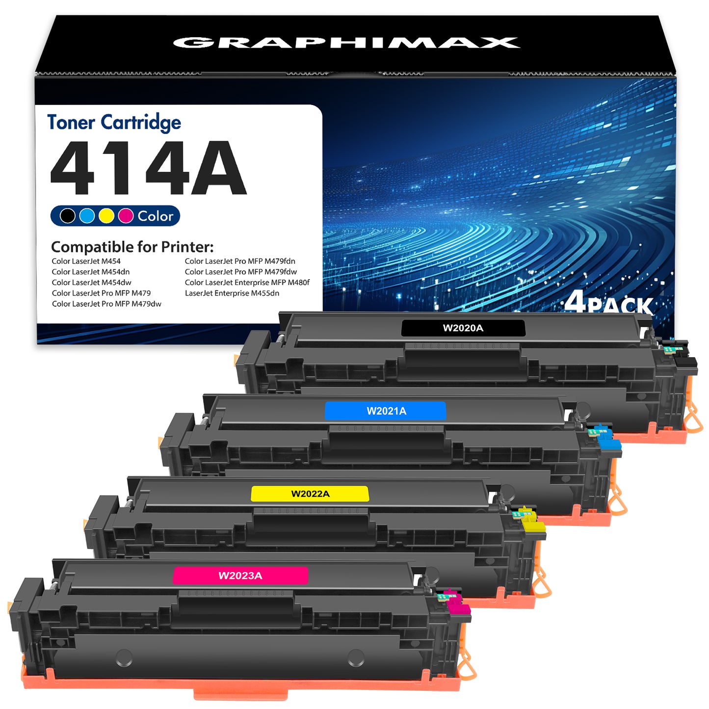 414A Toner Cartridge 4 pack with Chip Compatible for HP 414A HP414X W2020A W2020X for Laserjet Pro MFP M479fdw M454dw M479fdn M454dn M479 Laser Printer (Black, Cyan, Magenta, Yellow)