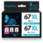 Compatible for HP 67XL Ink Cartridges 67 67XL Black and Color for 2755e 2755 4155 2722 2723 2724 2725 2732 Envy 6055 6455 6458 6475 Printer Ink (3 Pack, 2 x Black, Tri-color)