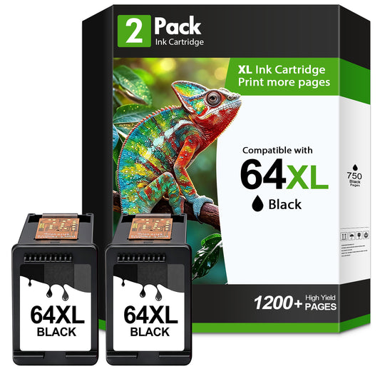 64XL Ink Cartridges Compatible for HP 64 64XL Black Ink Cartridges for HP Envy Photo 7855 7858 7155 7120 7800 6255 6252 7158 7164 Printer（2 x Black）