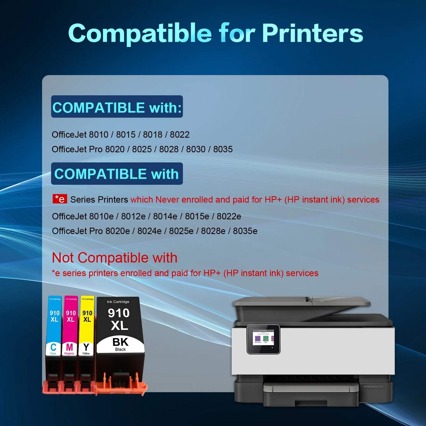 910 910XL Ink Cartridges Compatible for HP 910XL 910 4 Pack for OfficeJet Pro 8020 8025 8028 8035 8010 8022 8015 8018 Printer (Black, Cyan, Magenta, Yellow)