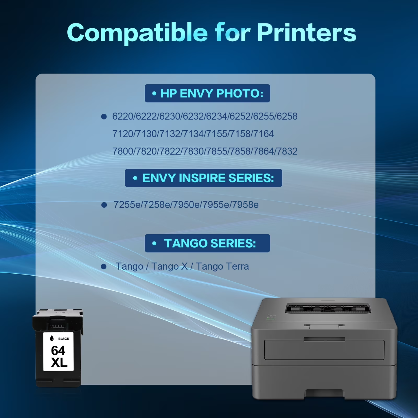 64 64XL Ink Cartridges Compatible for 64XL 64 HP64 2 Pack Black Ink for Envy Photo 7855 7858 7155 7120 7800 6255 6252 7158 7164