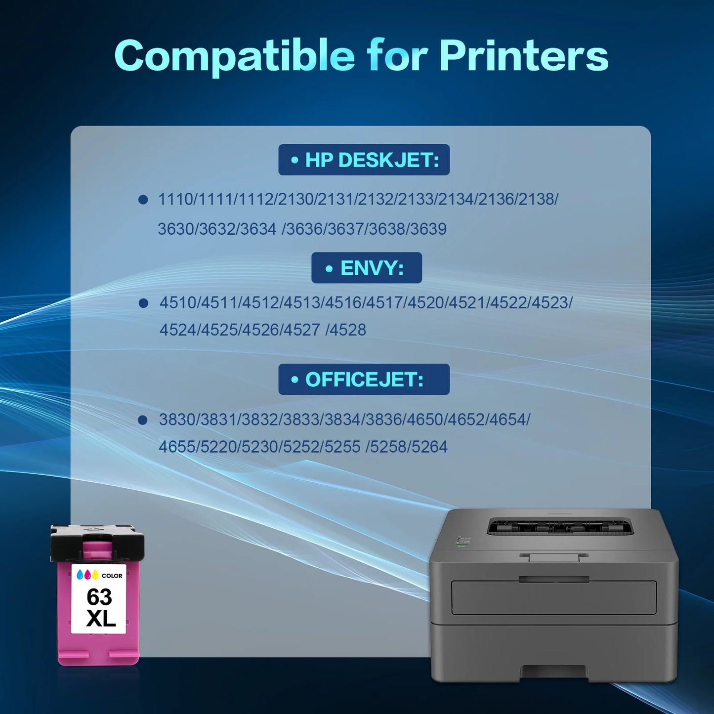 63XL Ink Cartridges Compatible for HP 63 63XL Color Ink for Envy 4510 4520 OfficeJet 4650 4655 3830 5255 5258 Deskjet 3630 3632 1112 2132 2130 HP63XL (2 Pack Tri-color)