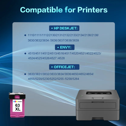 63XL Ink Cartridges Compatible for HP 63 63XL Color Ink for Envy 4510 4520 OfficeJet 4650 4655 3830 5255 5258 Deskjet 3630 3632 1112 2132 2130 HP63XL (2 Pack Tri-color)