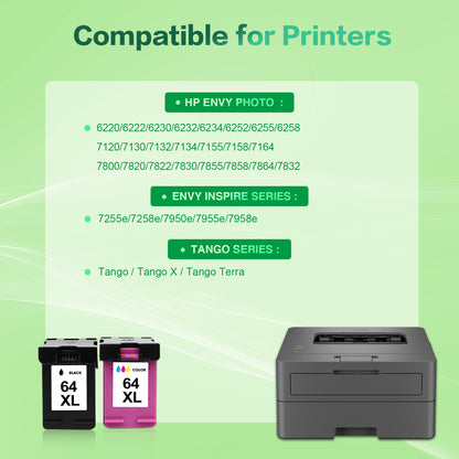 64XL Ink Cartridges Compatible for HP 64 64XL Black and Color for Envy Photo 7855 7858 7155 7120 7800 6255 6252 7158 7164 Printer (1 Pack Black, 1 Pack Tri-color)