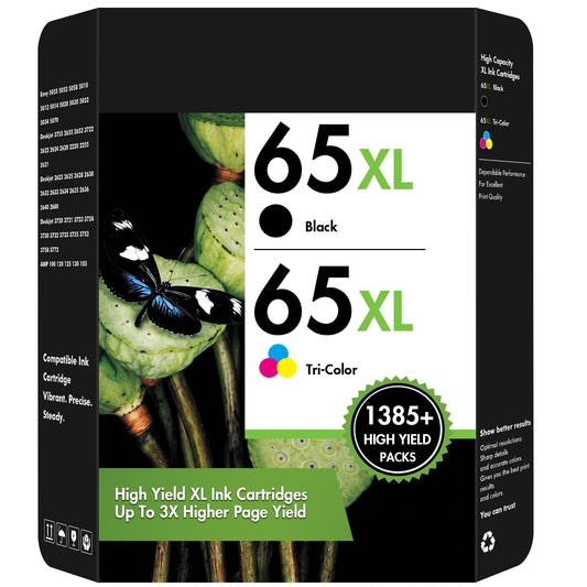65XL Ink Cartridges Compatible for HP 65 Ink Cartridges Laserjet 3755 3772 Envy 5052 5058 5055 DeskJet 2622 2624 2652 2655 (2 Pack)