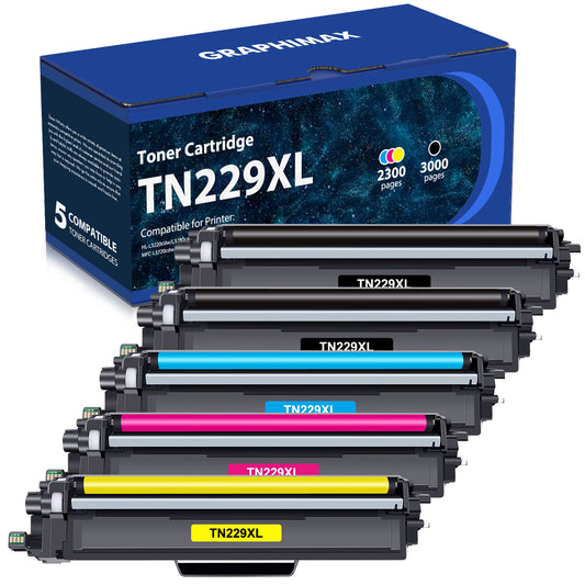 GraphiMax 5-Pack TN229XL Toner Cartridge Compatible for Brother TN-229XL TN229 TN-229 MFC-L3780CDW MFC-L3720CDW HL-L3280CDW HL-L3220CDW HL-L3300CDW Printer High Yield (2x Black, Cyan, Magenta, Yellow)